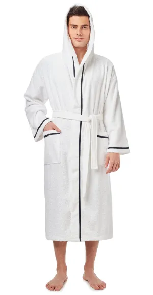 Arus Men's Hooded Classic Bathrobe Turkish Cotton Robe with Full Length Options, White w Navy Large-X-Large