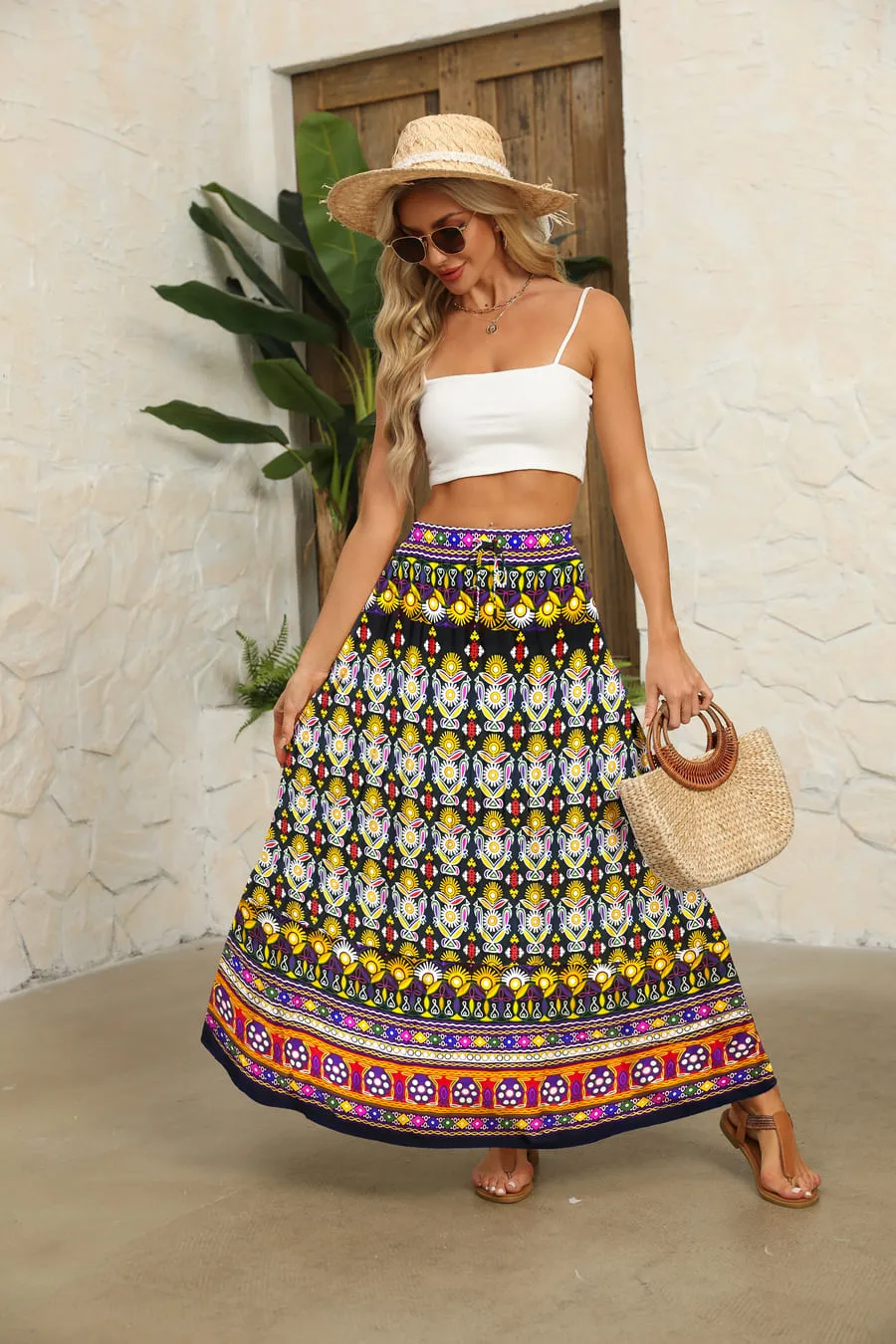 Boho Floral Maxi Skirt Elastic High Waist Flowy Ruffle