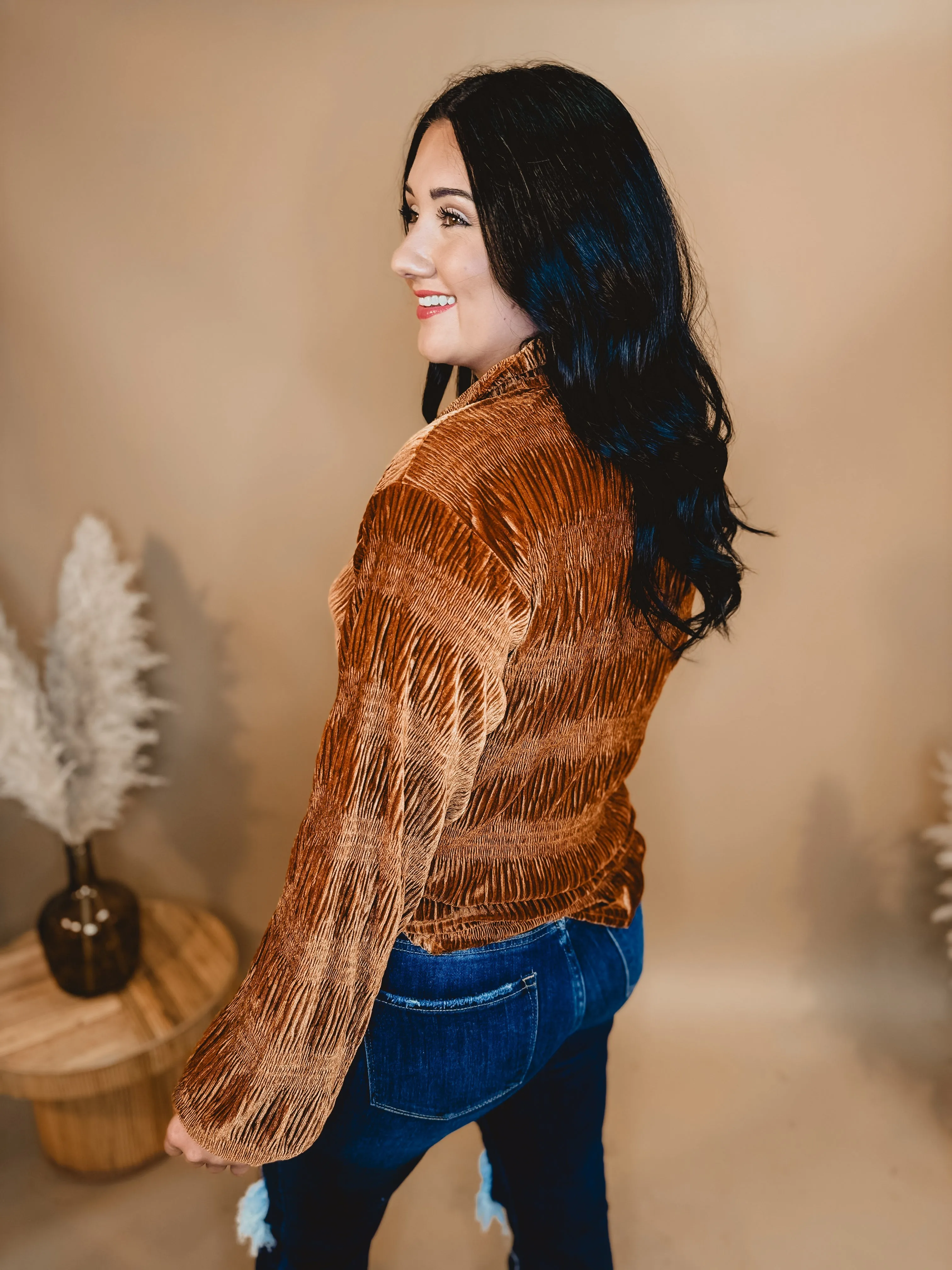 Button Up Velvet Smocked Top - Pumpkin Spice