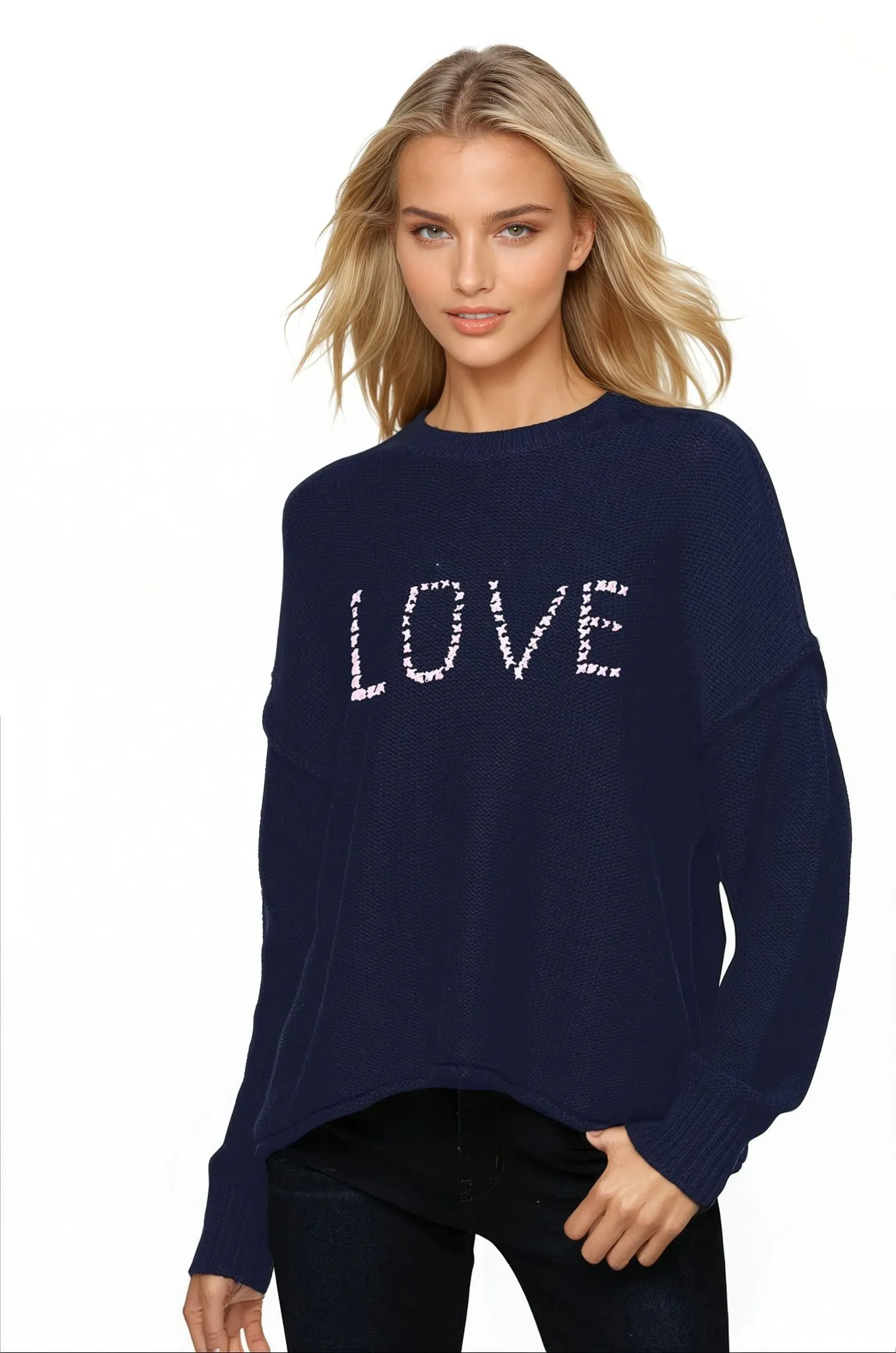 Chunky Cotton Blend Pullover Sweater- Cross Stitch "Love" hand embroidery