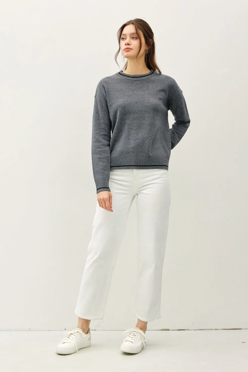Cory Striped Trim Round Neck Long Sleeve Sweater