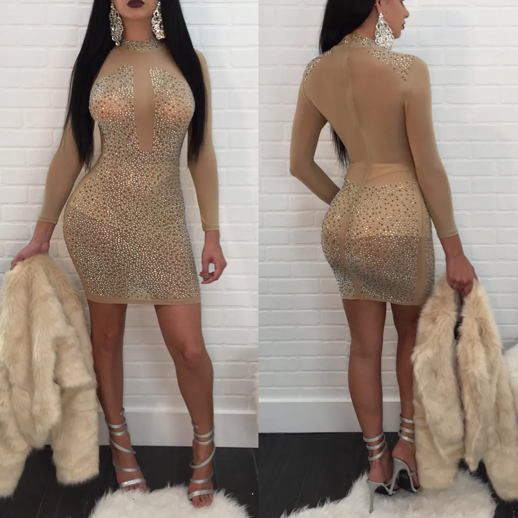 Crystal Sexy Transparent Mesh Short Bodycon Dress