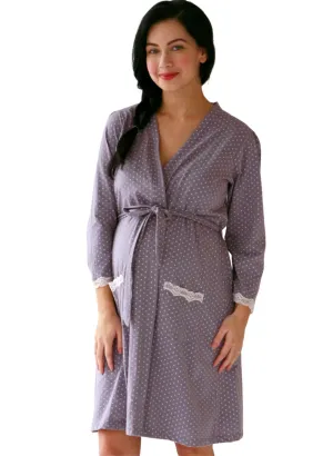 Dottie 2-Piece Maternity/Nursing Chemise & Robe Set - Gray/Pink