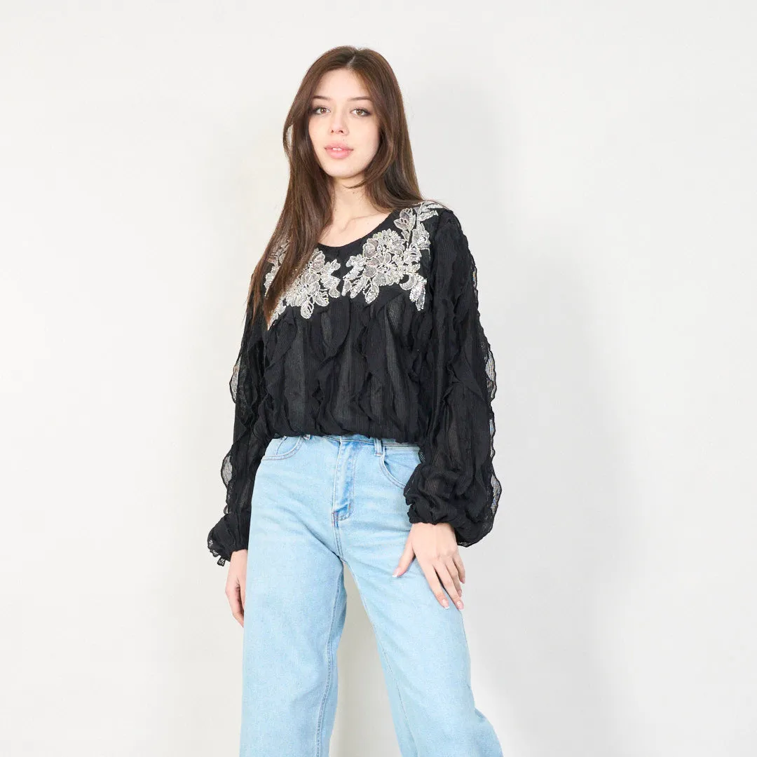 Embellished floral applique sheer blouse wholesale