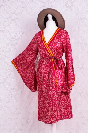 Gemini Bell Sleeve Midi Kimono/Dress - Watermelon Pink Vintage Sari - Size S/M