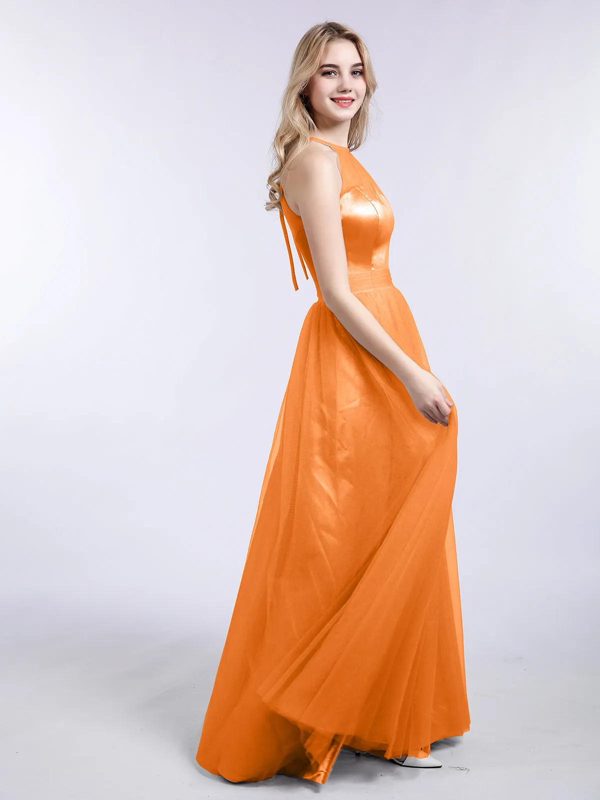 Illusion Neckline Long Tulle Dress-Orange