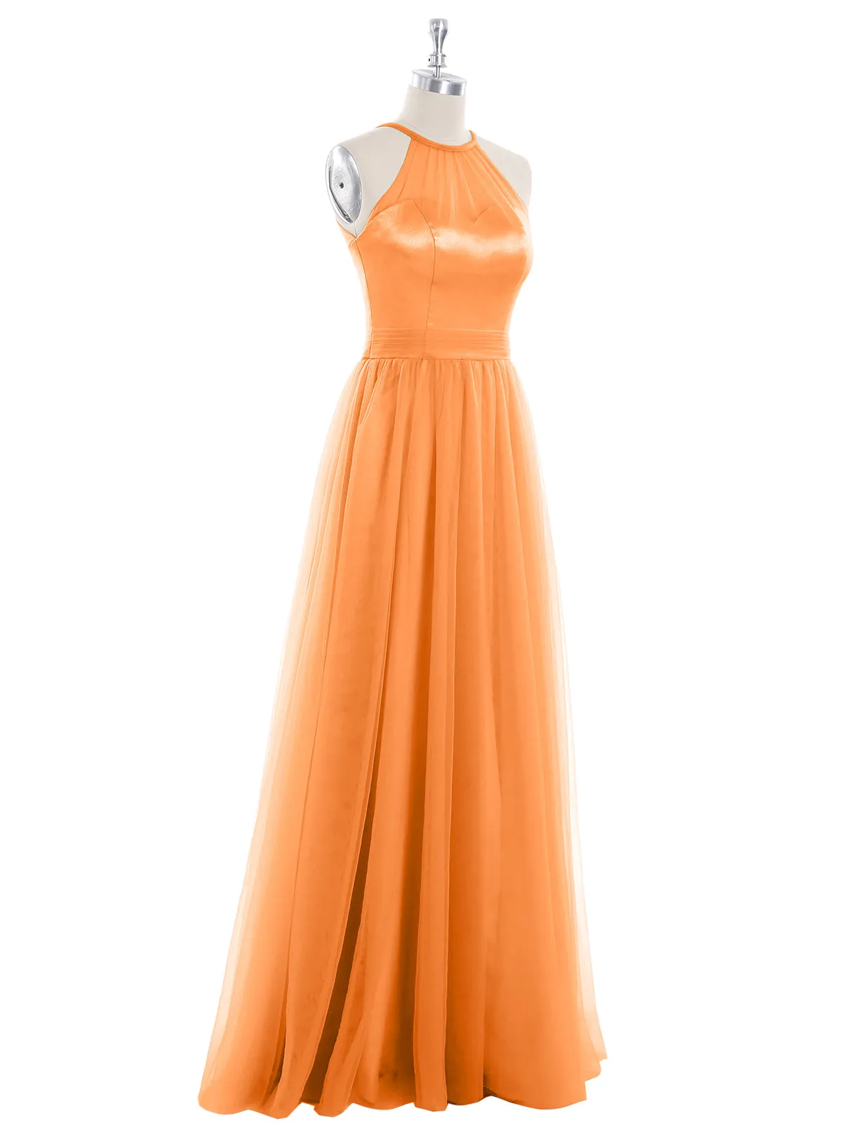 Illusion Neckline Long Tulle Dress-Orange