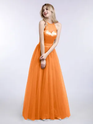 Illusion Neckline Long Tulle Dress-Orange