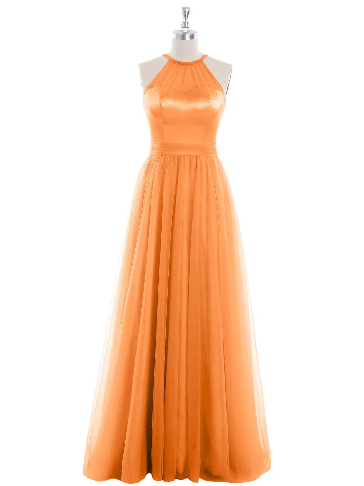 Illusion Neckline Long Tulle Dress-Orange