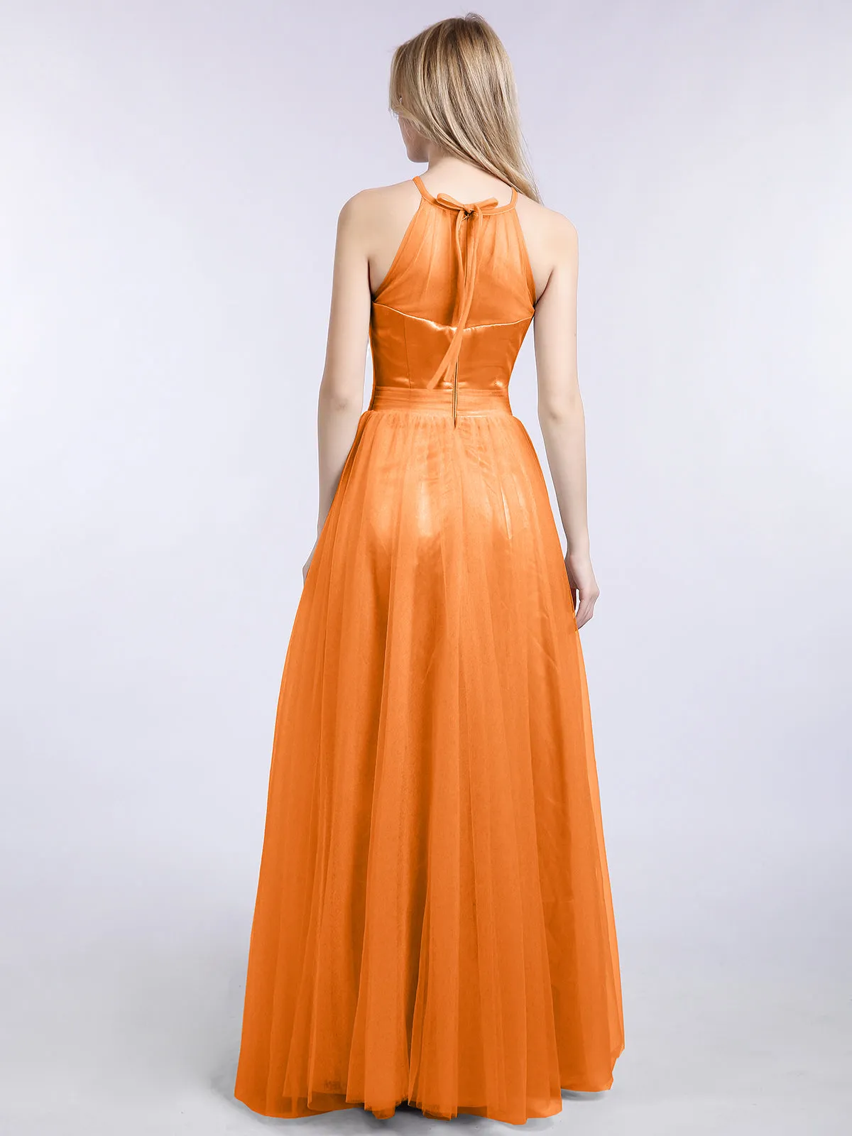 Illusion Neckline Long Tulle Dress-Orange