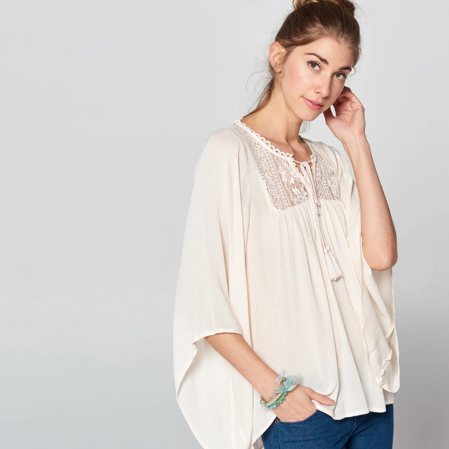 Lace Yoke Flowy Blouse