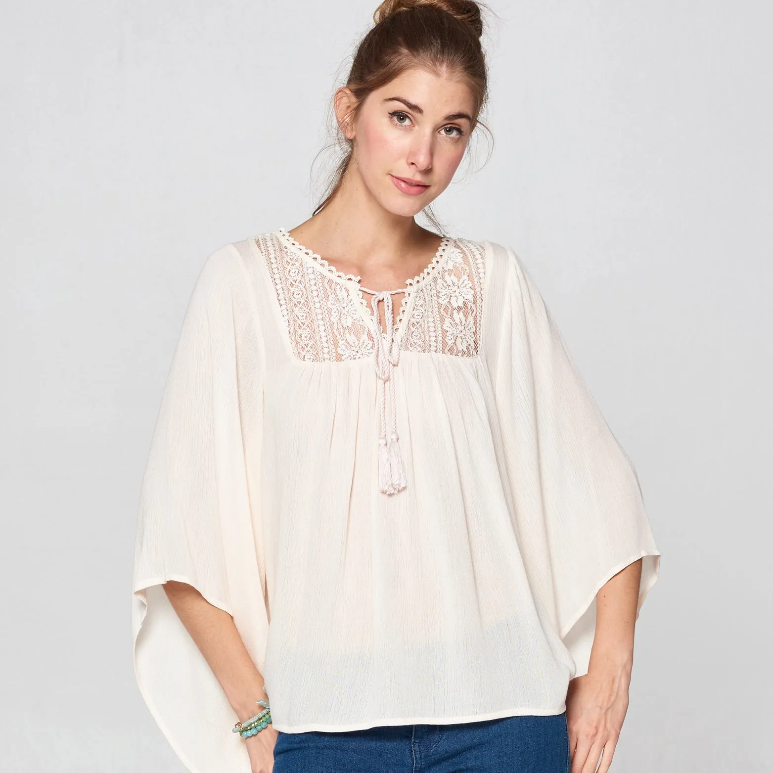 Lace Yoke Flowy Blouse