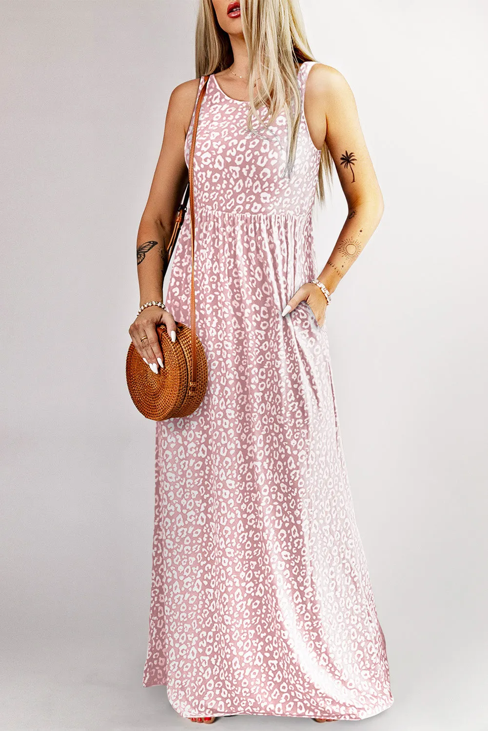 Leopard Pocketed Sleeveless Maxi Dress