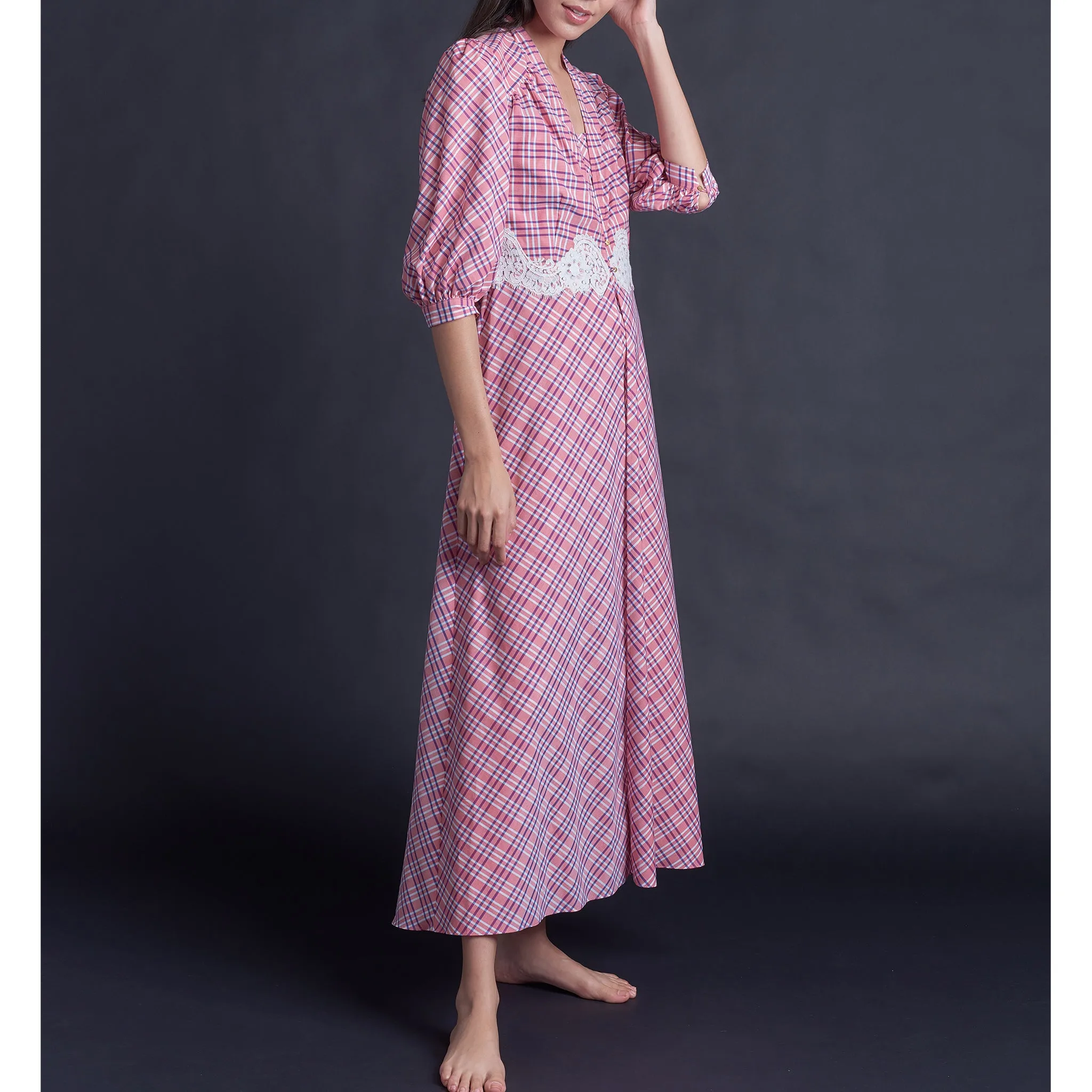 Maia Long Robe in Italian Cotton Plaid