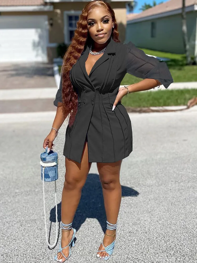 Mesh Bishop Sleeve Button Down Pleated Mini Dress