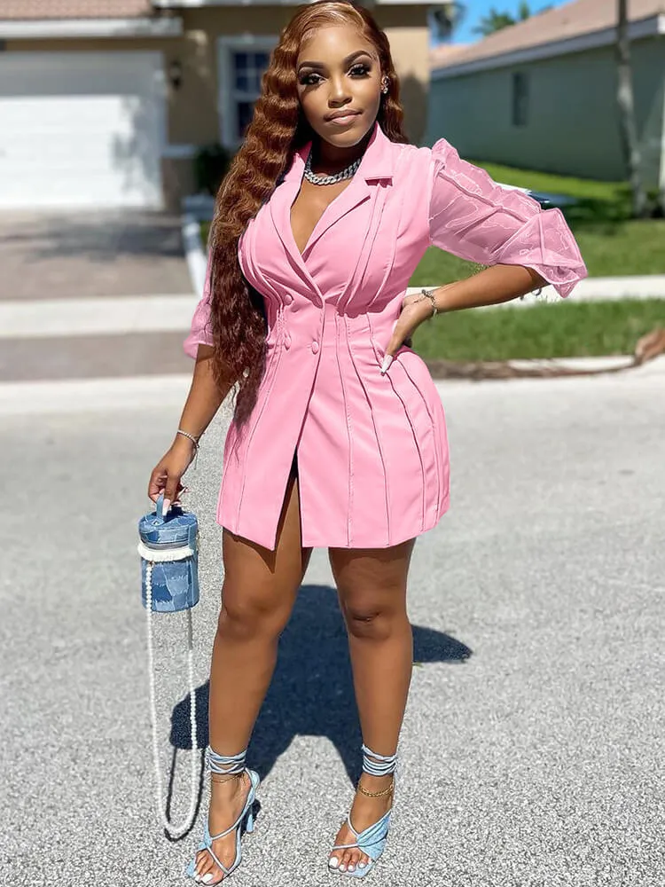 Mesh Bishop Sleeve Button Down Pleated Mini Dress