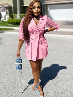 Mesh Bishop Sleeve Button Down Pleated Mini Dress