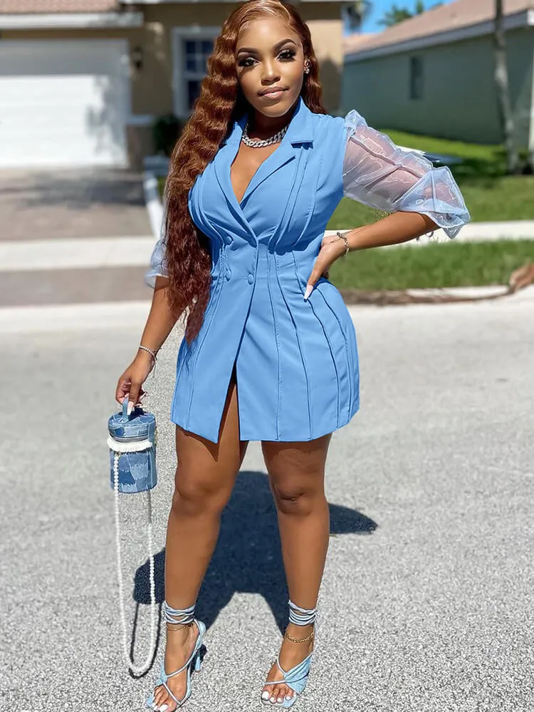 Mesh Bishop Sleeve Button Down Pleated Mini Dress