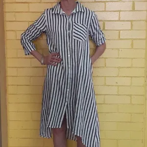 NAVY WHITE STRIPED LINEN DRESS UNEVEN HEM