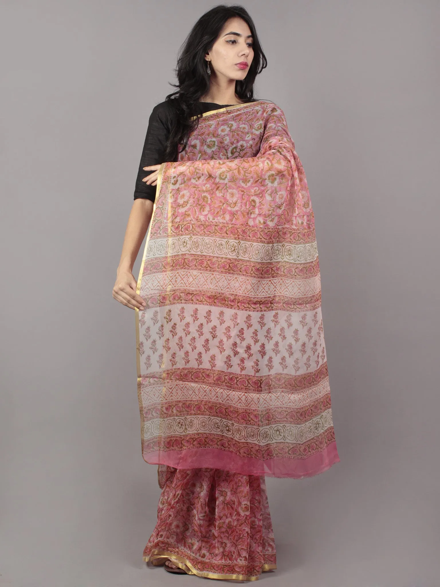 Pastel Pink Ivory Green Hand Block Printed in Natural Colors Chiffon Saree - S031701661
