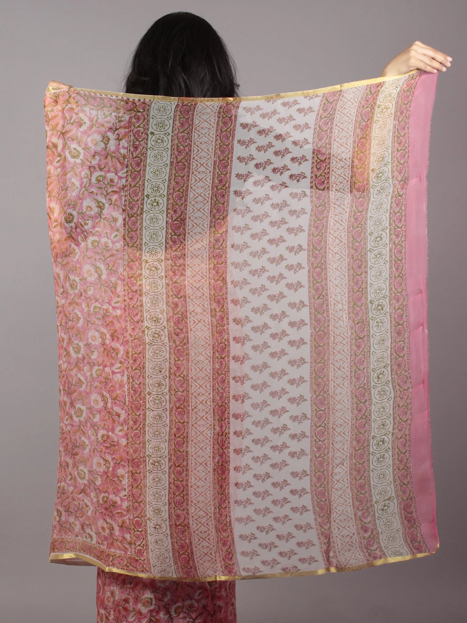 Pastel Pink Ivory Green Hand Block Printed in Natural Colors Chiffon Saree - S031701661