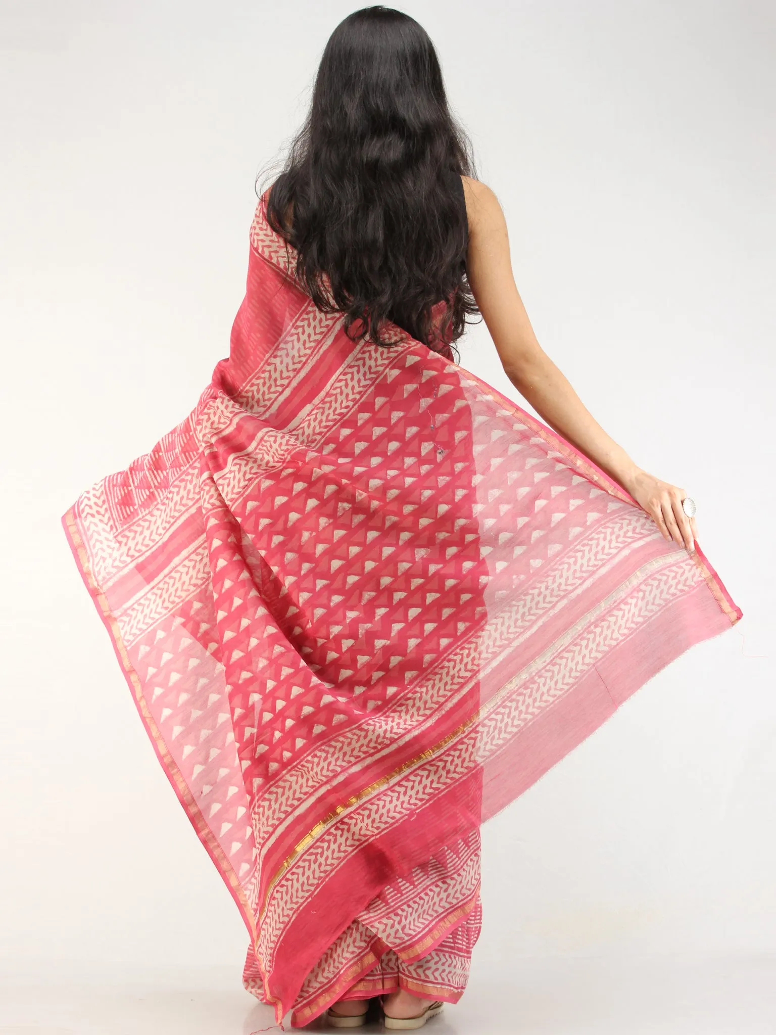 Pastel Pink Ivory Hand Block Printed Chanderi Silk Saree With Zari Border - s031704550