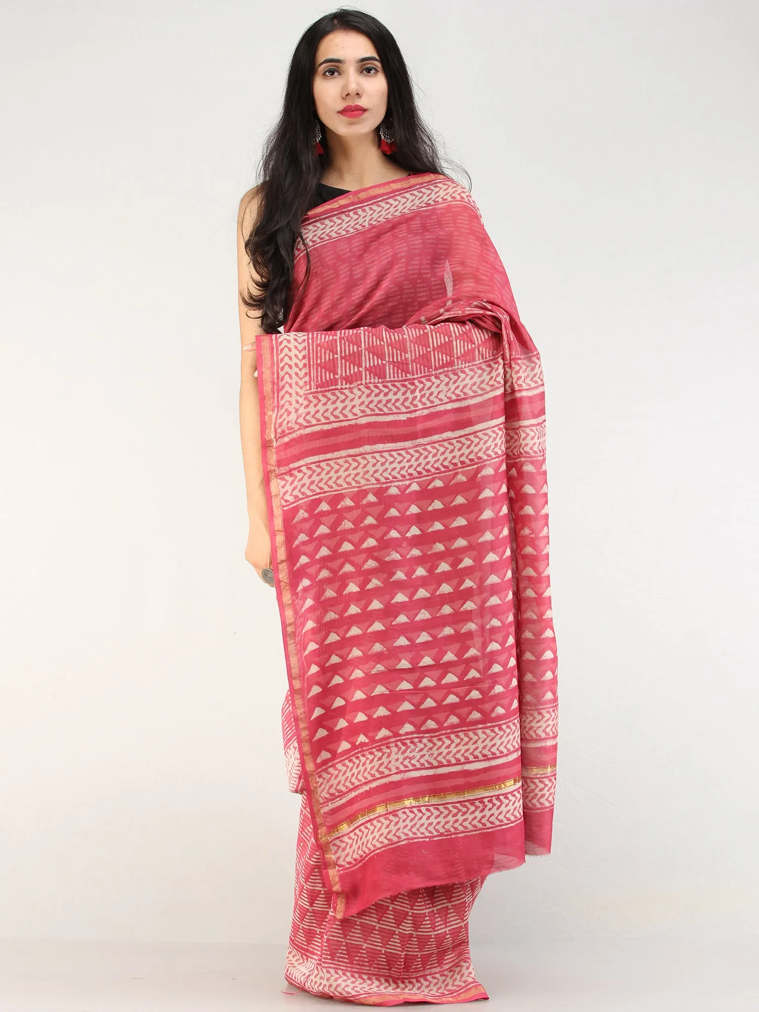 Pastel Pink Ivory Hand Block Printed Chanderi Silk Saree With Zari Border - s031704550