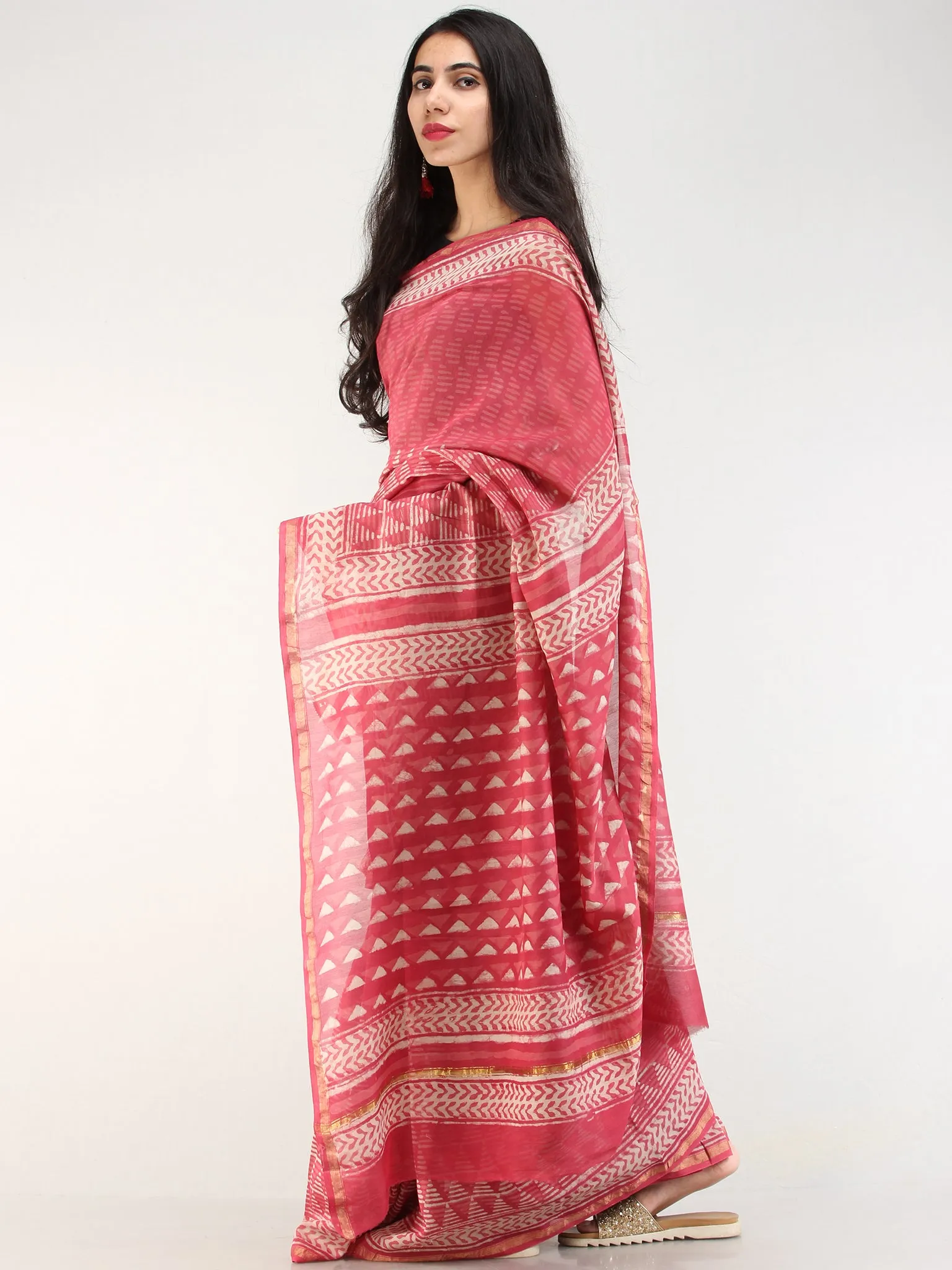 Pastel Pink Ivory Hand Block Printed Chanderi Silk Saree With Zari Border - s031704550