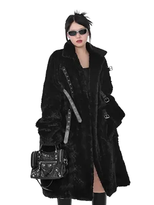 'Raven' Black Fur Coat with Adjustable Strap Closure