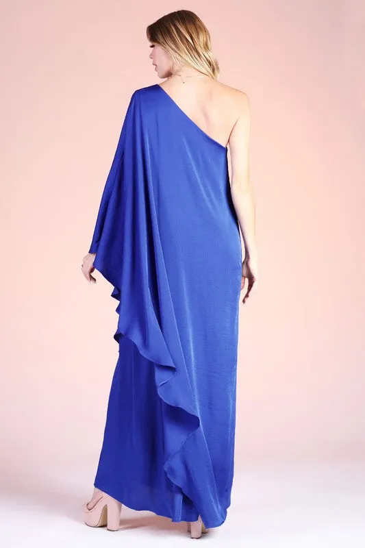 Royal Blue Washed Poly Silk Athena One Shoulder Maxi