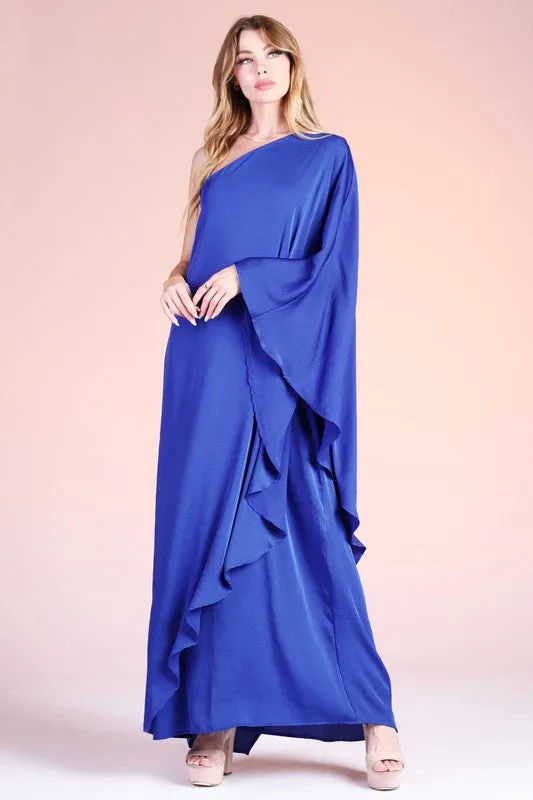 Royal Blue Washed Poly Silk Athena One Shoulder Maxi