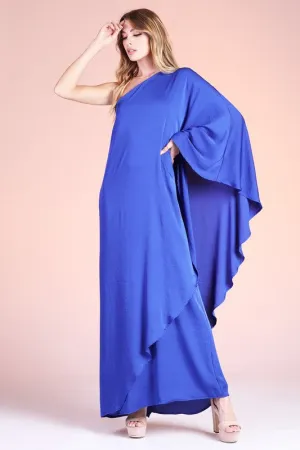 Royal Blue Washed Poly Silk Athena One Shoulder Maxi