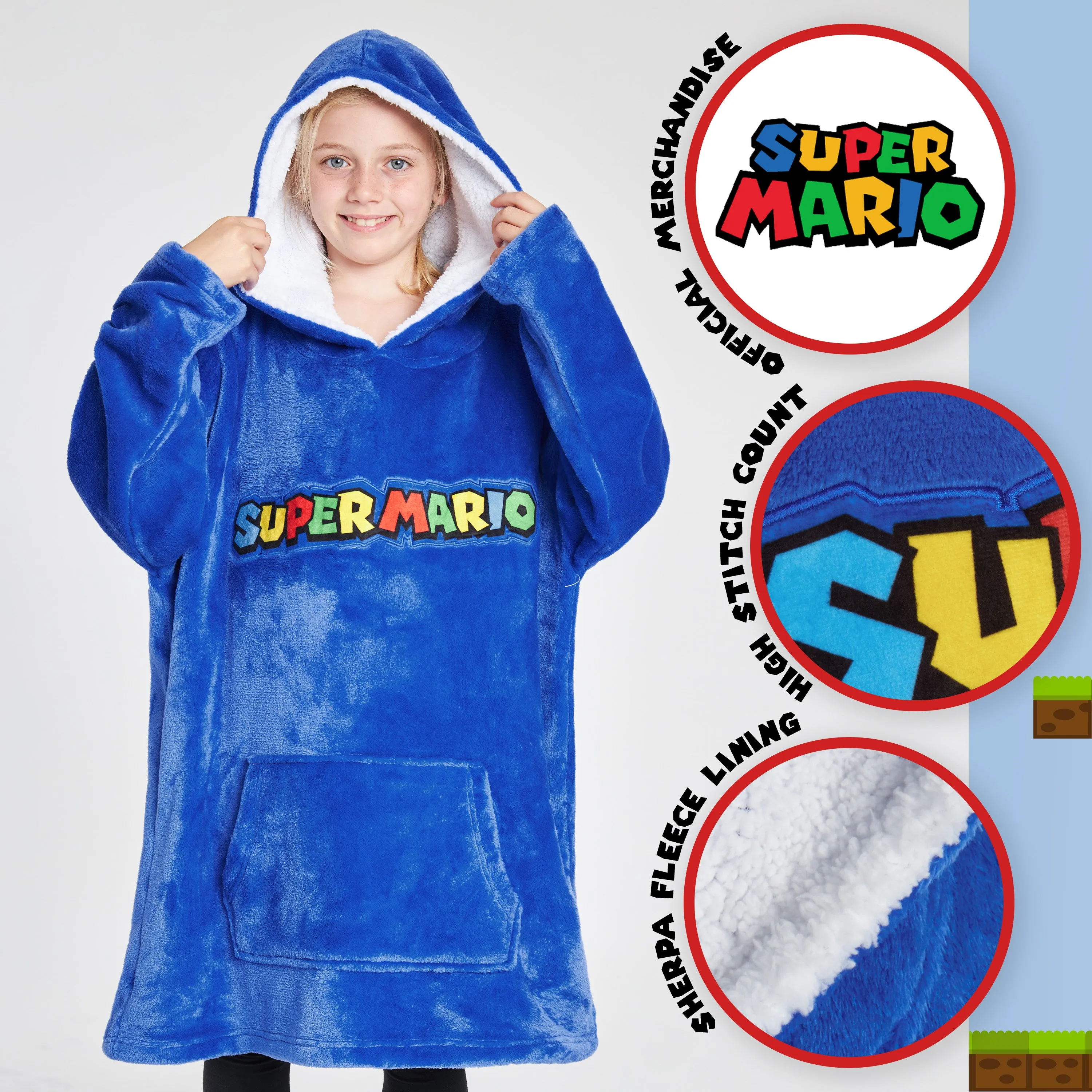 Super Mario Blue Hoodie For Boys, Fleece Oversized Hoodie Blanket for Kids