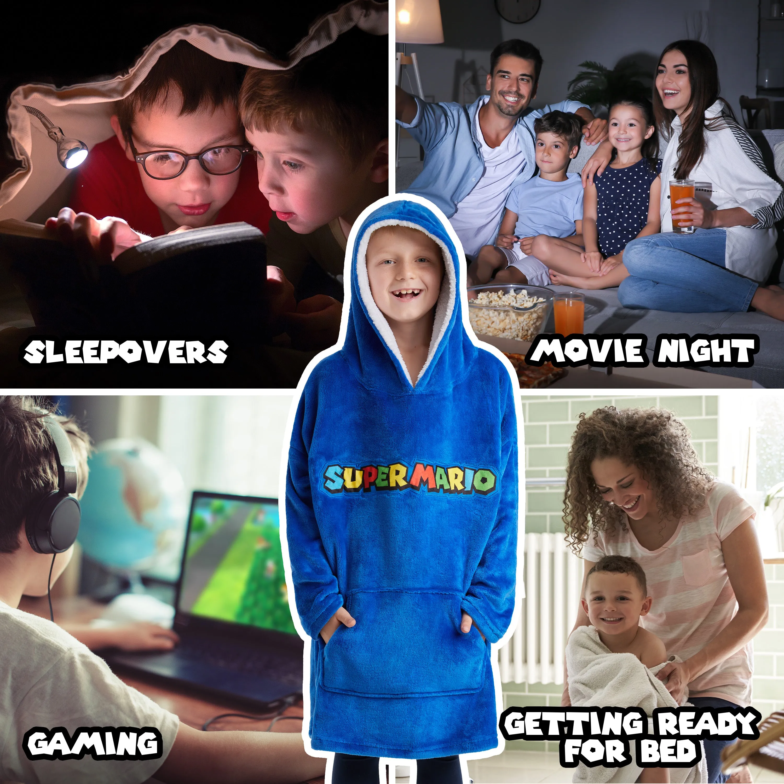 Super Mario Blue Hoodie For Boys, Fleece Oversized Hoodie Blanket for Kids