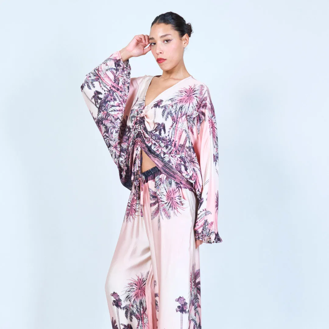 Tropical print ruched silk touch blouse wholesale