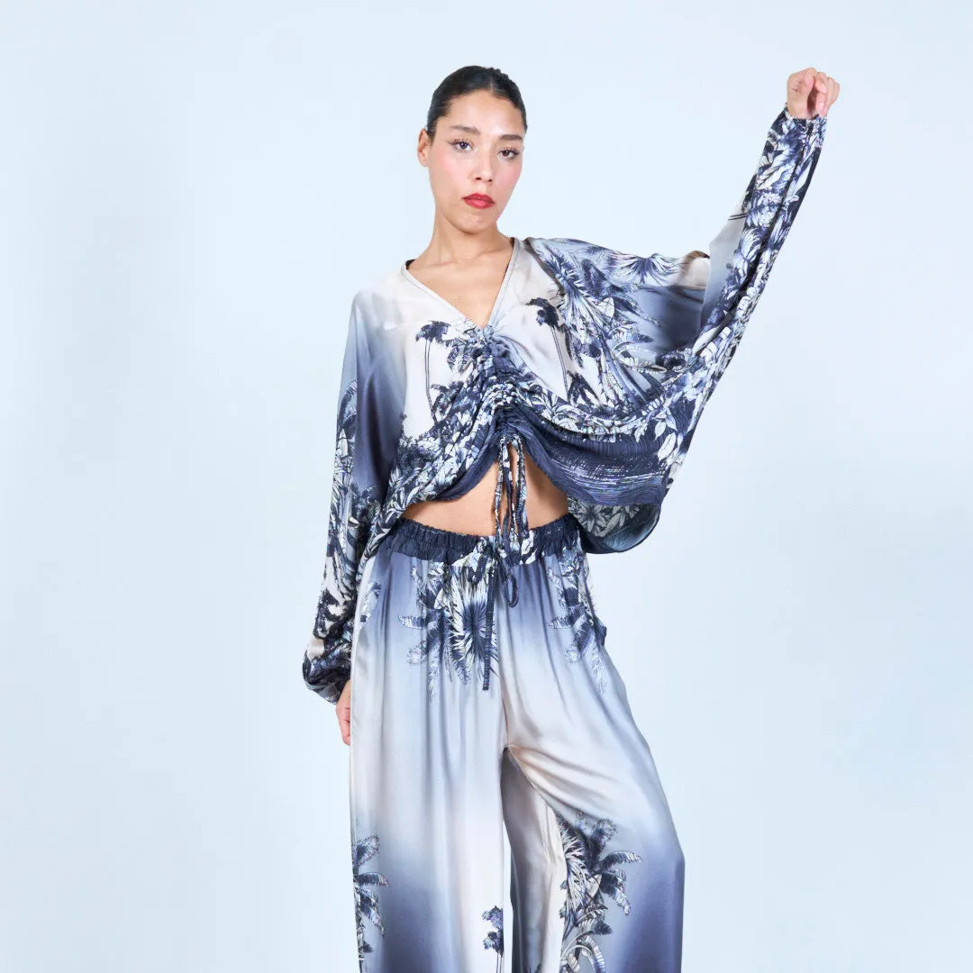 Tropical print ruched silk touch blouse wholesale