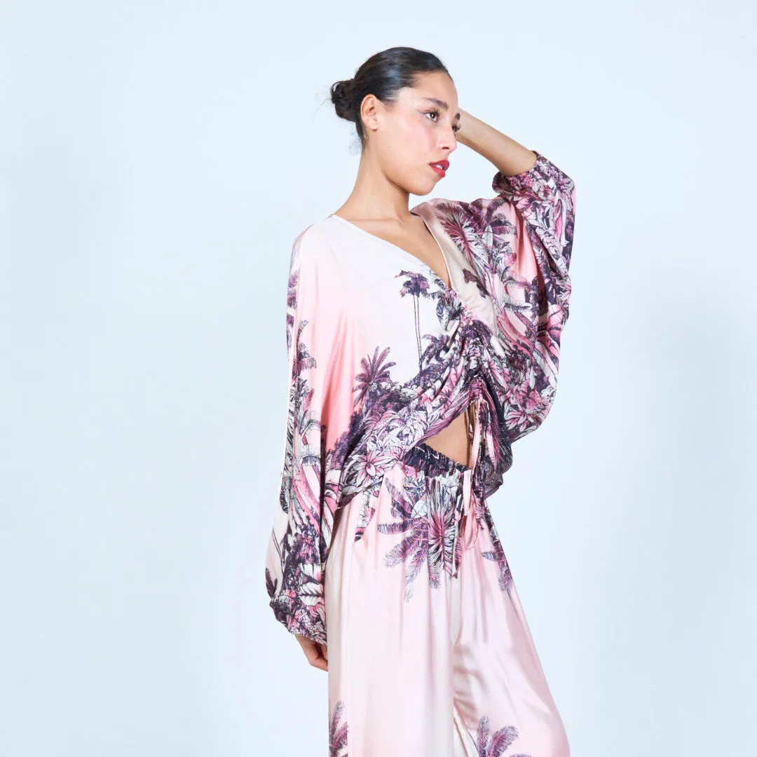 Tropical print ruched silk touch blouse wholesale