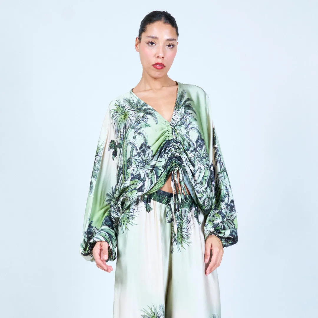 Tropical print ruched silk touch blouse wholesale