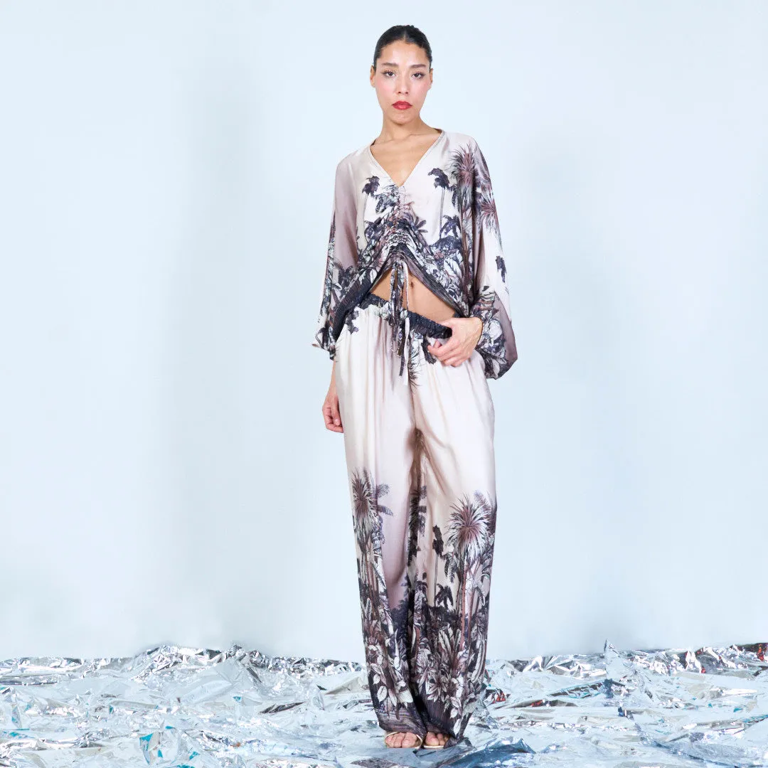 Tropical print ruched silk touch blouse wholesale