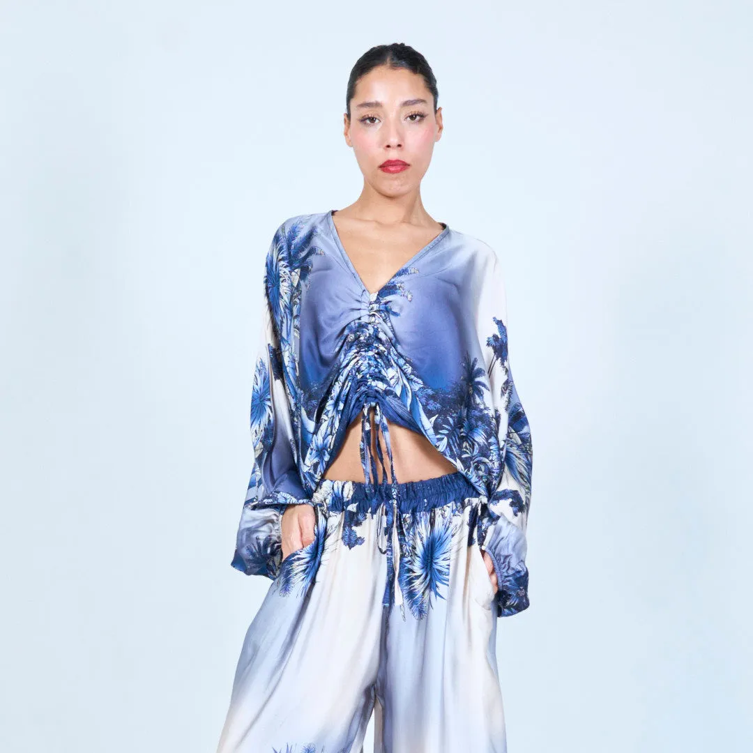 Tropical print ruched silk touch blouse wholesale
