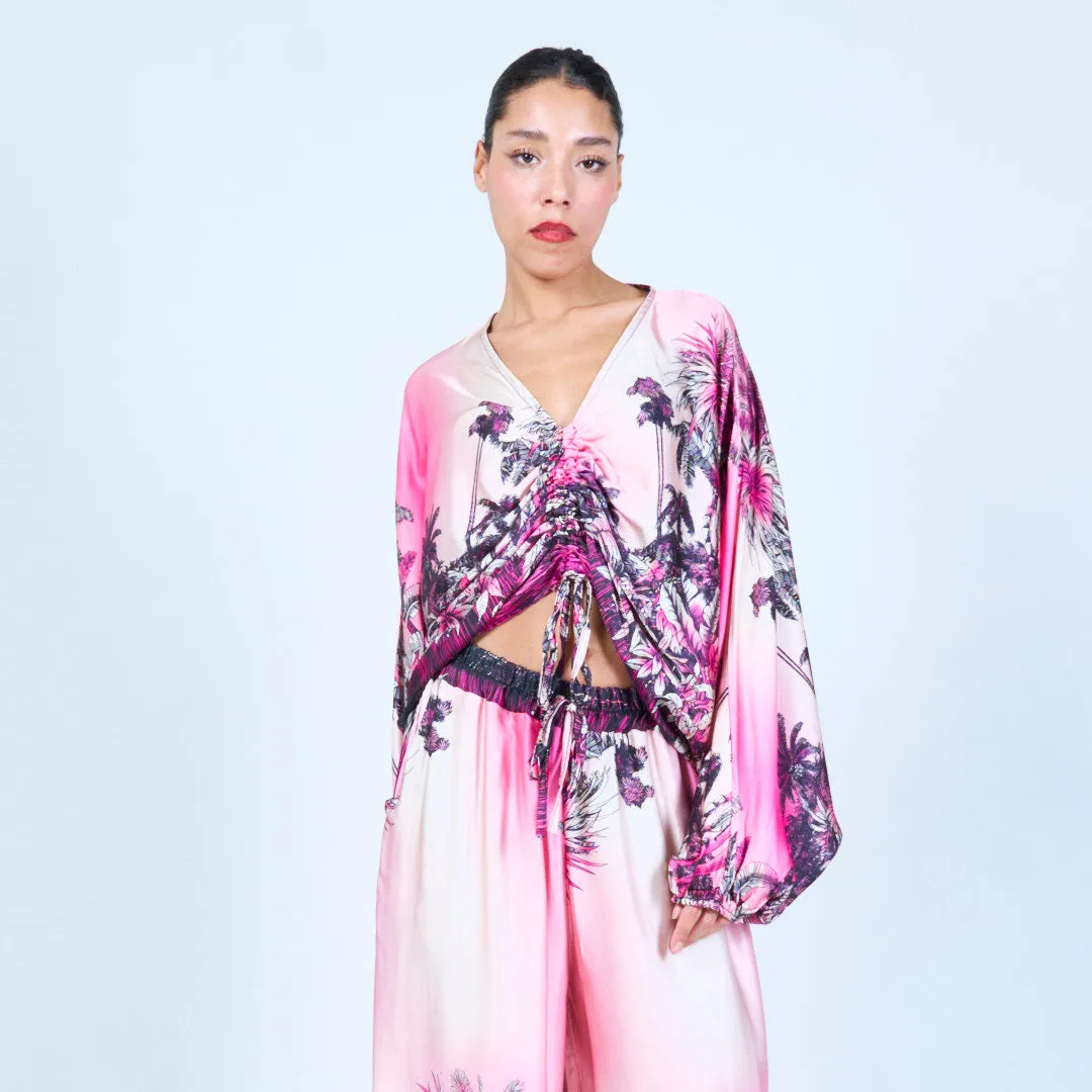 Tropical print ruched silk touch blouse wholesale
