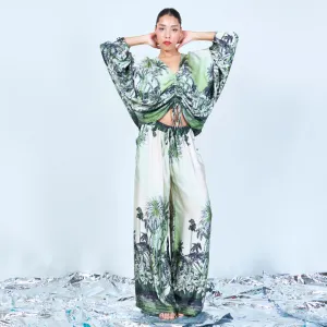 Tropical print ruched silk touch blouse wholesale