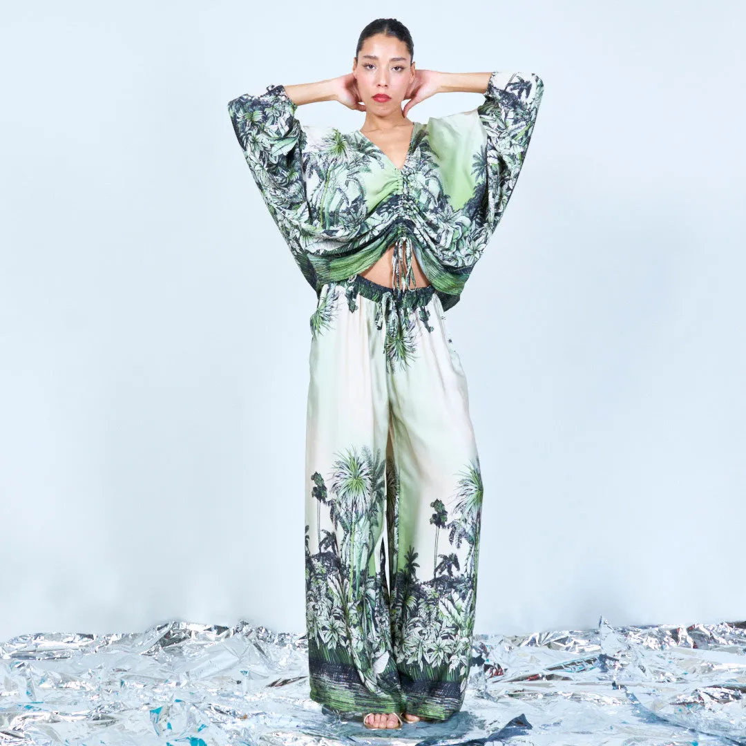 Tropical print ruched silk touch blouse wholesale