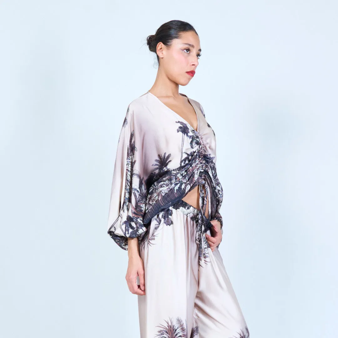 Tropical print ruched silk touch blouse wholesale