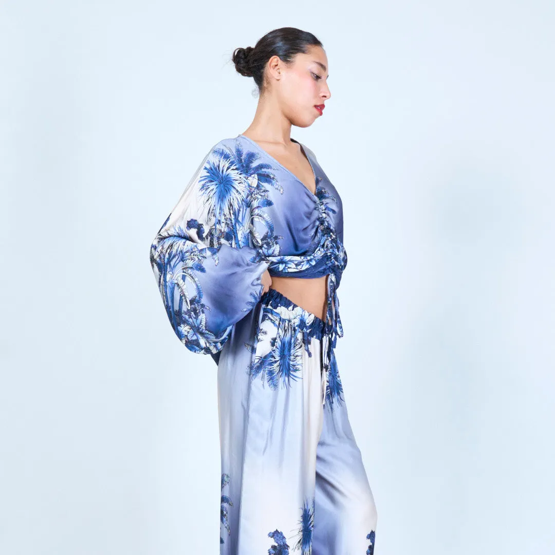 Tropical print ruched silk touch blouse wholesale