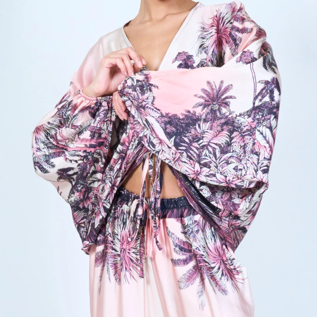 Tropical print ruched silk touch blouse wholesale