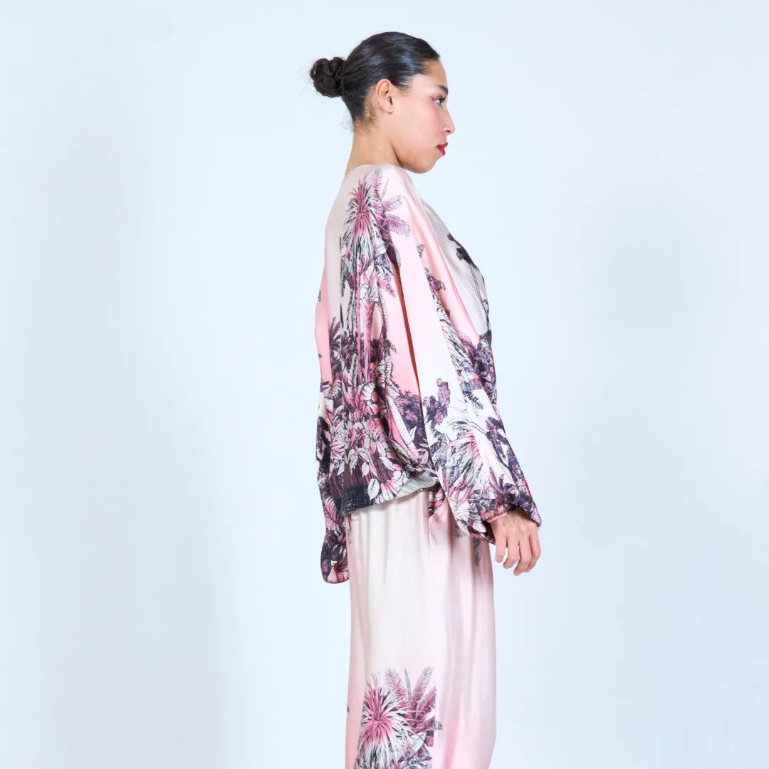 Tropical print ruched silk touch blouse wholesale