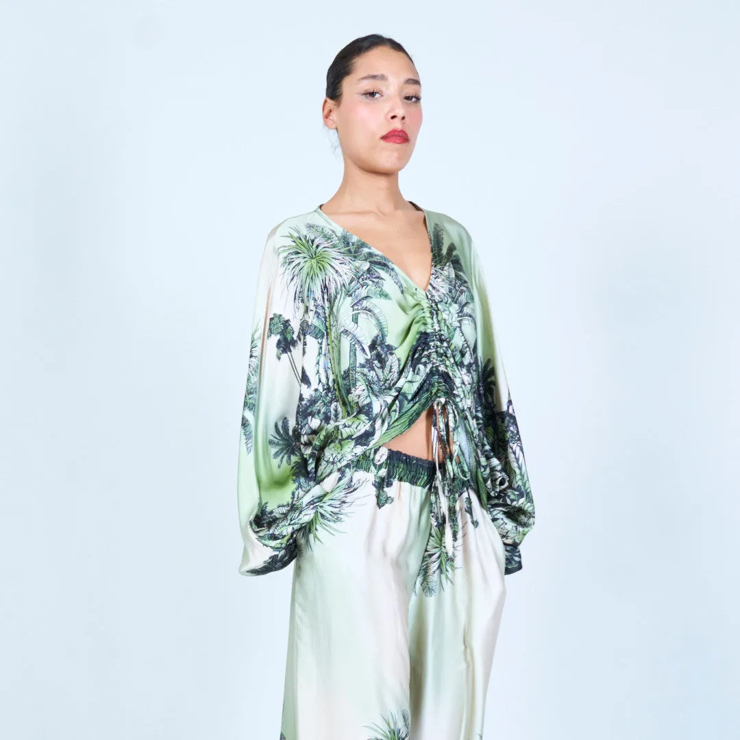 Tropical print ruched silk touch blouse wholesale