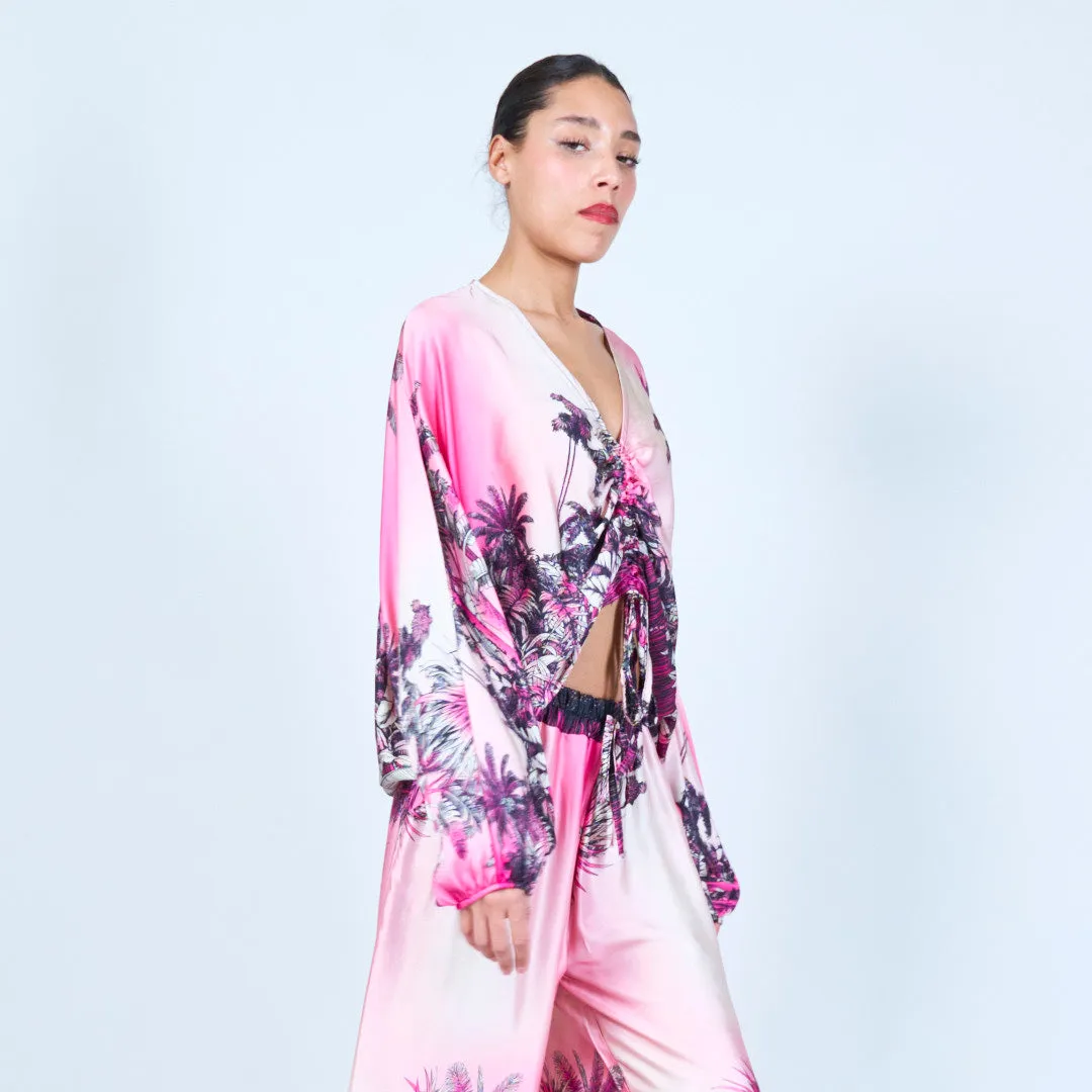 Tropical print ruched silk touch blouse wholesale