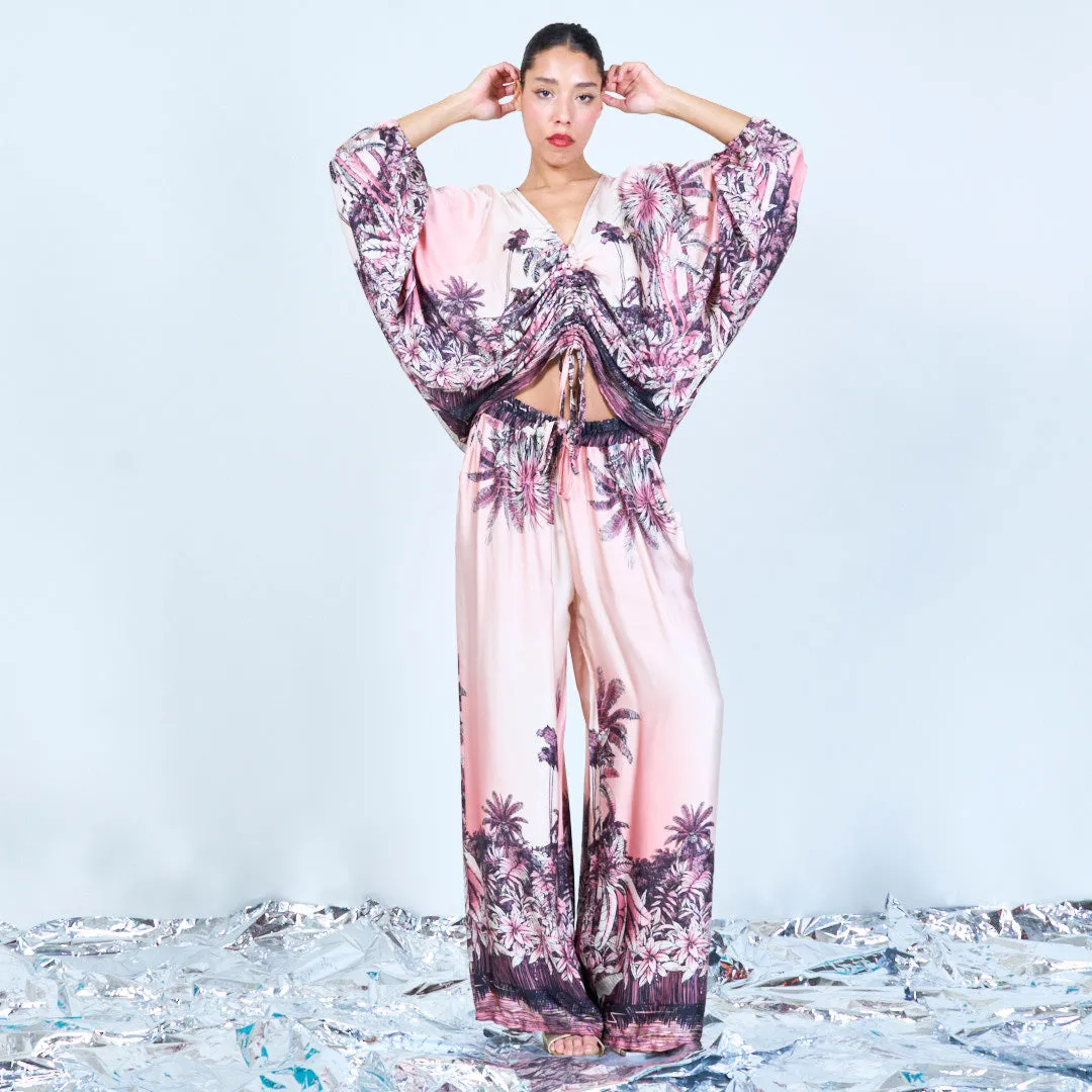 Tropical print ruched silk touch blouse wholesale